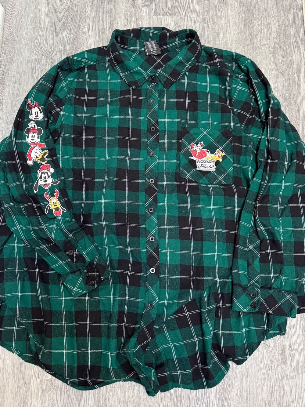Disney Mickey And Friends Button Down Pocket Green Black Flannel Women’s Size 5